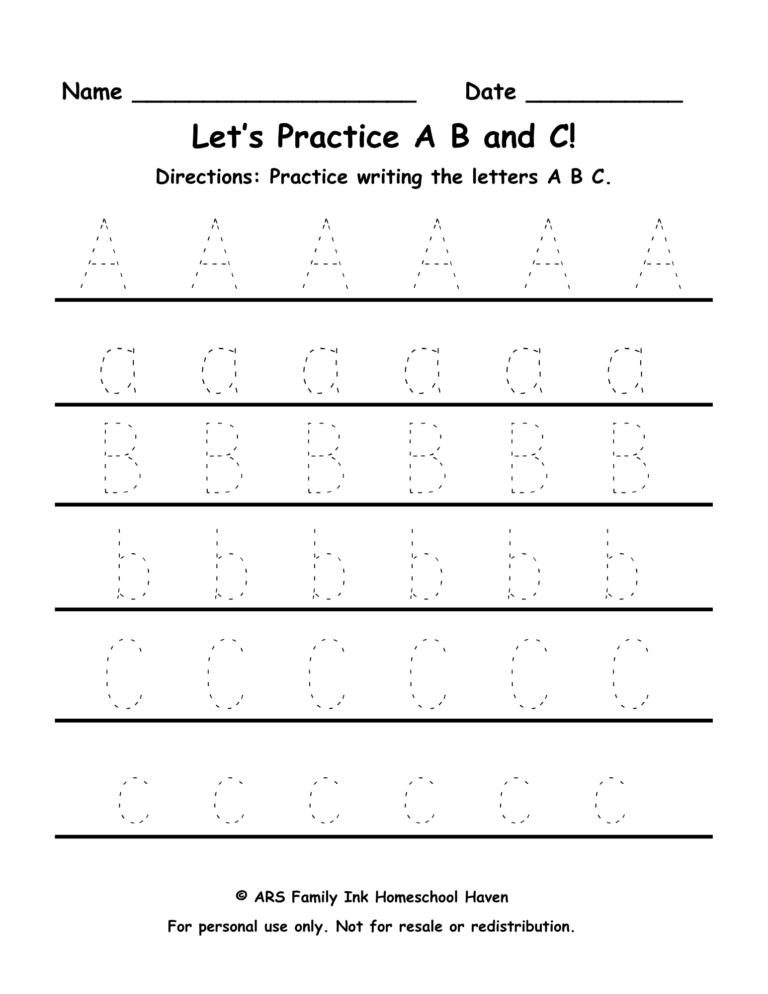 ABC tracing worksheet for preschool uppercase and lowercase letters A B C handwriting practice printable