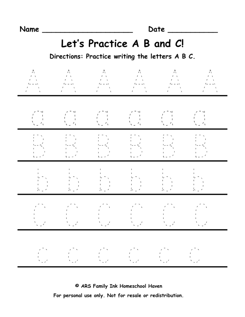 ABC tracing worksheet for preschool uppercase and lowercase letters A B C handwriting practice printable