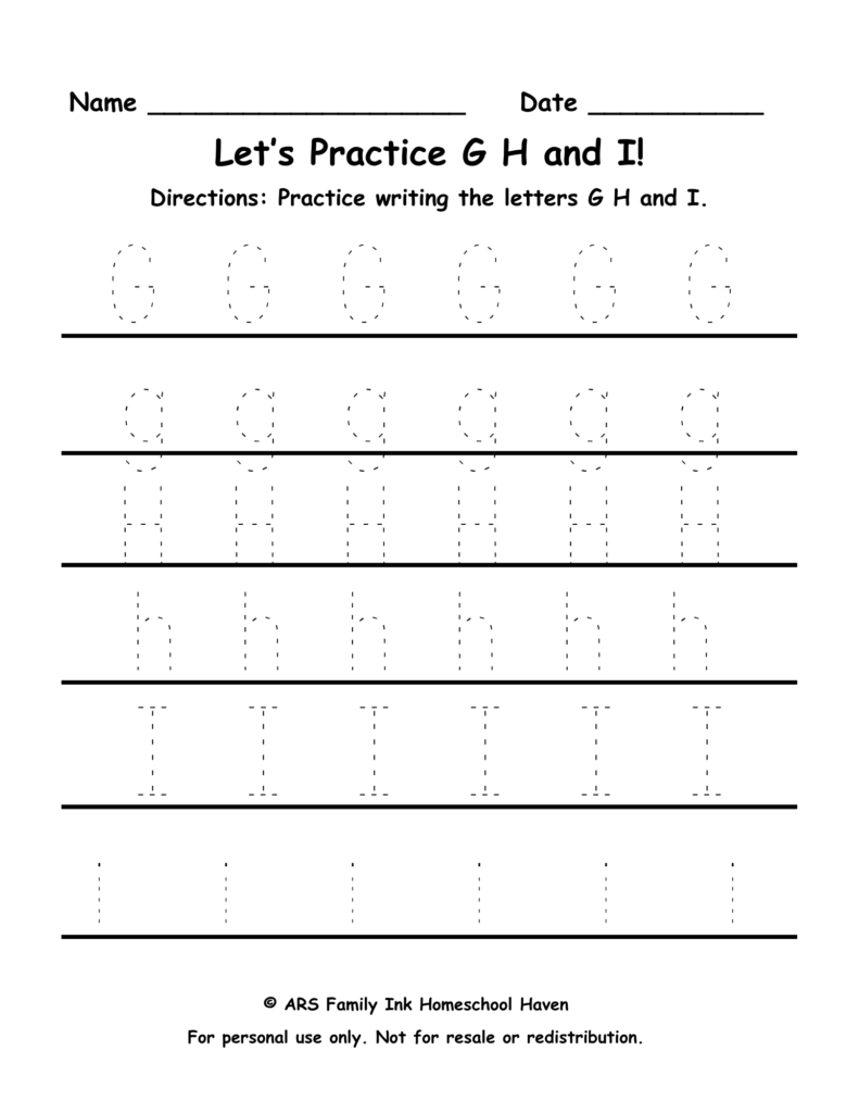 GHI tracing worksheet for preschool uppercase and lowercase letters G H I handwriting practice printable