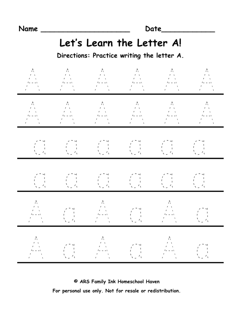 Letter A tracing worksheet for preschool with uppercase and lowercase practice lines