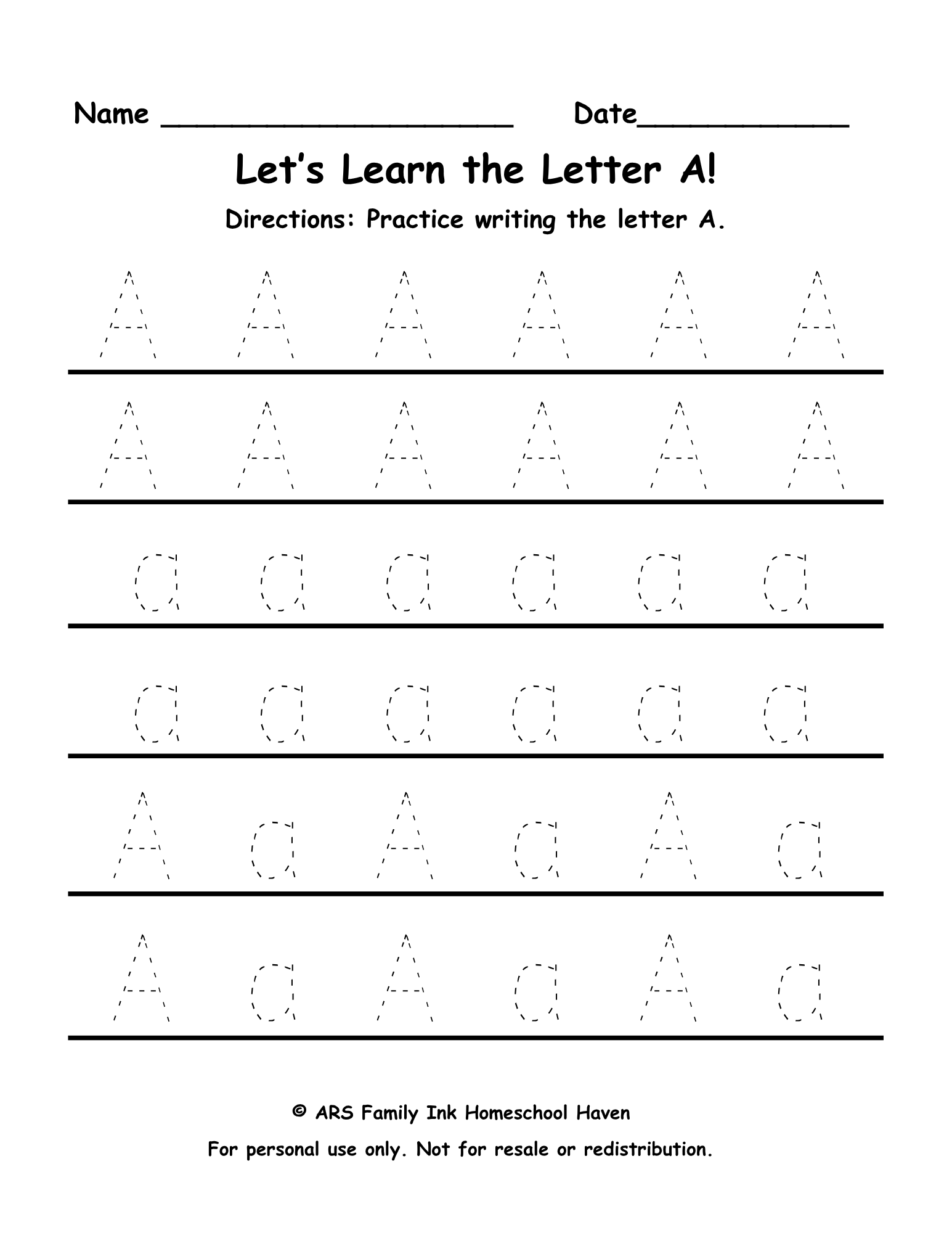 Letter A Tracing Worksheet (Free Preschool Printable) – ARS Family Ink ...