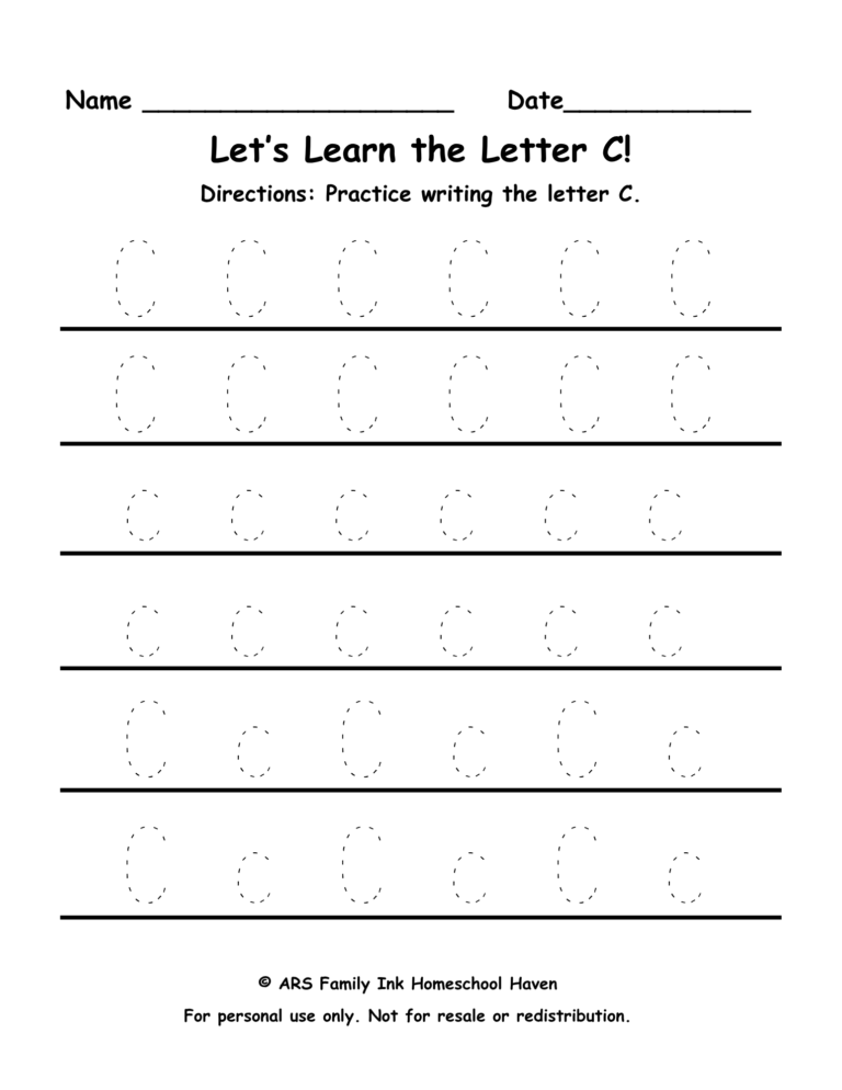 letter C tracing worksheet for preschool and kindergarten uppercase and lowercase practice printable
