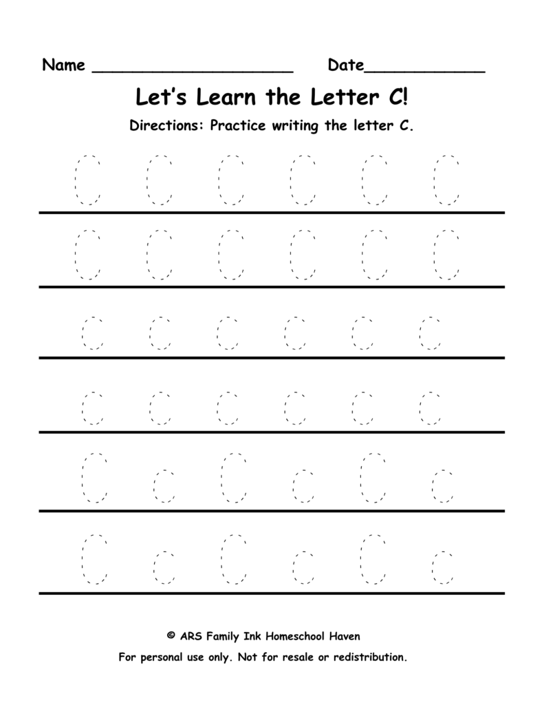 letter C tracing worksheet for preschool and kindergarten uppercase and lowercase practice printable