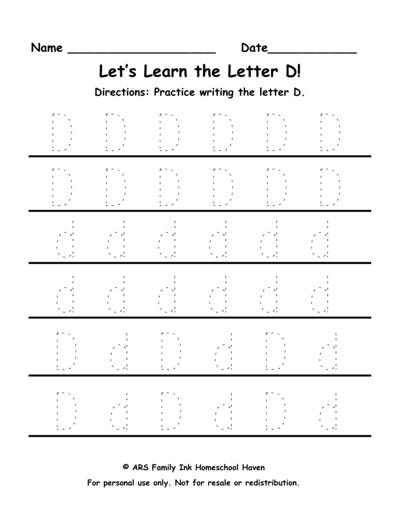 letter D tracing worksheet for preschool and kindergarten uppercase and lowercase practice printable