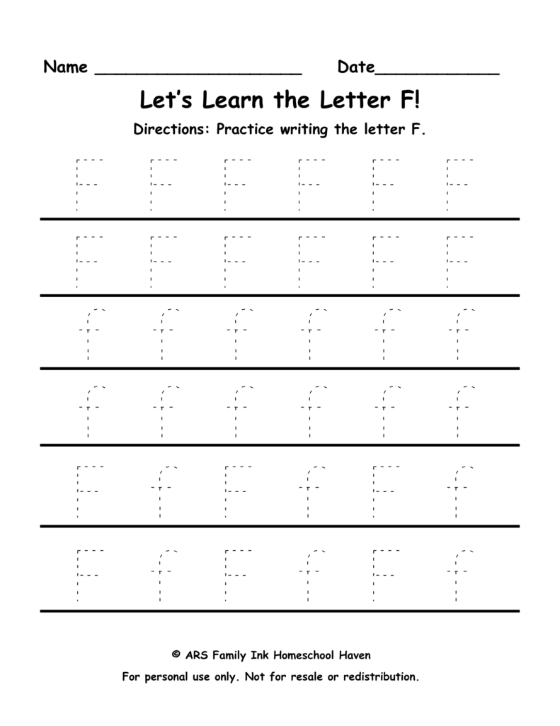 letter F tracing worksheet for preschool and kindergarten uppercase and lowercase practice printable