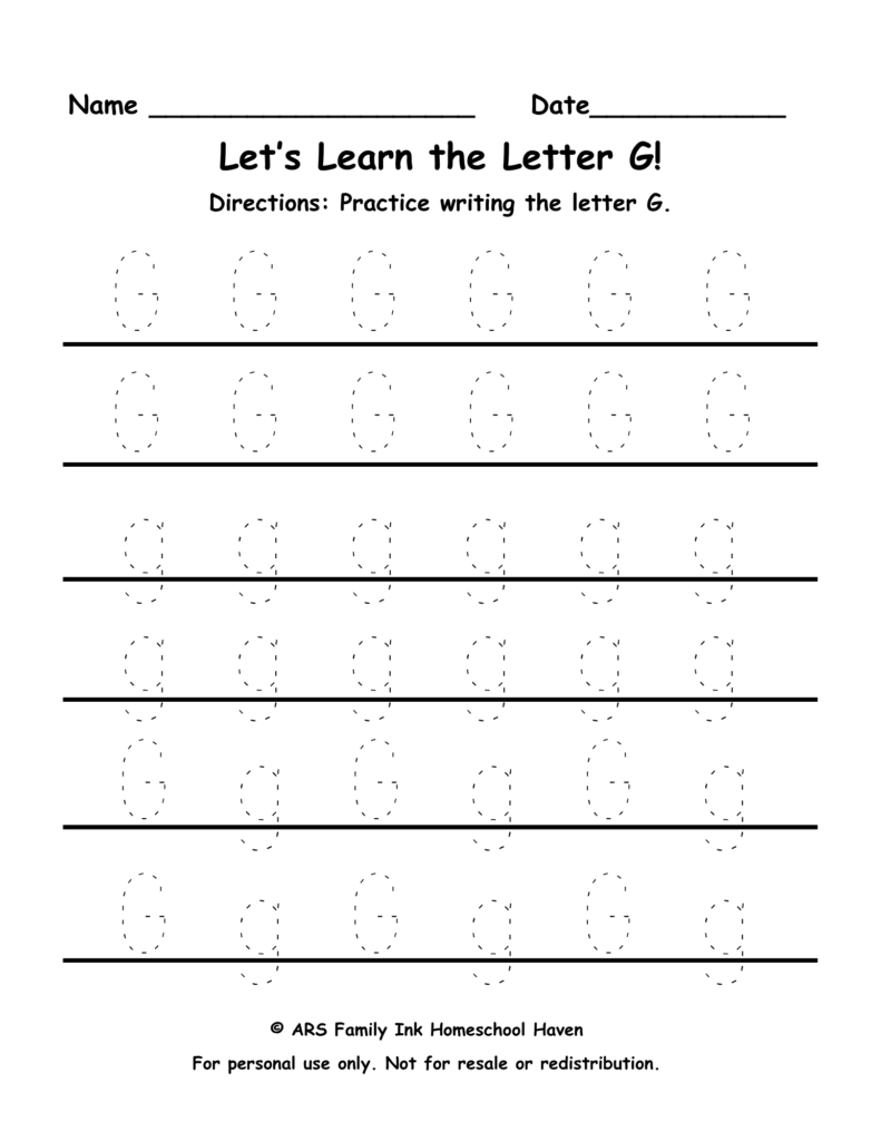 letter G tracing worksheet for preschool and kindergarten uppercase and lowercase practice printable