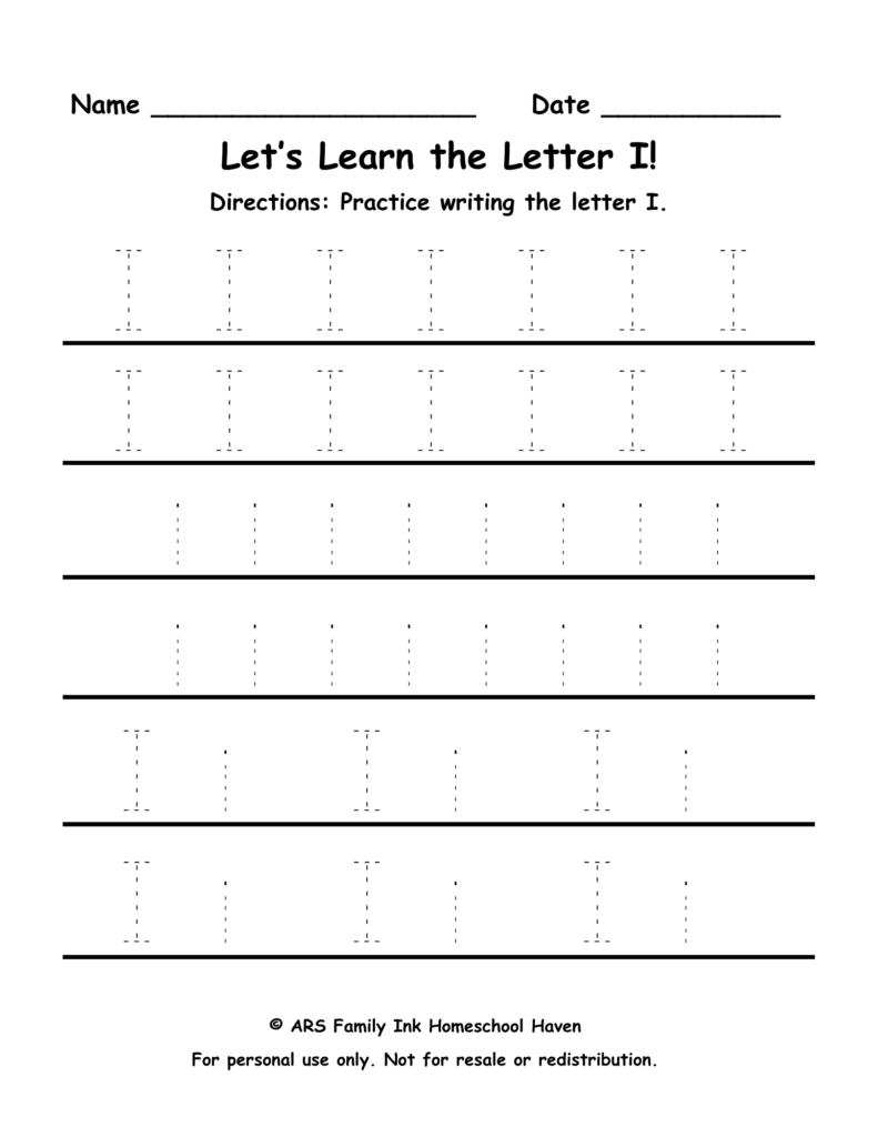 letter I tracing worksheet for preschool and kindergarten uppercase and lowercase practice printable