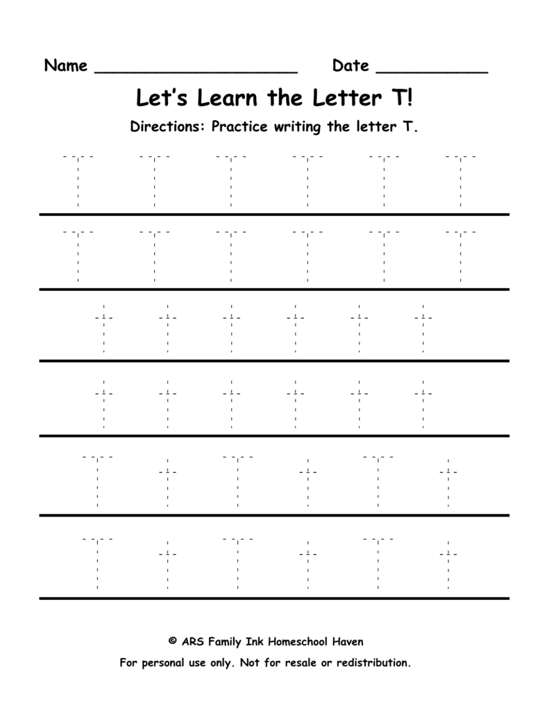 letter T tracing worksheet for preschool and kindergarten uppercase and lowercase practice printable