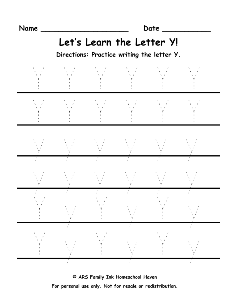 letter Y tracing worksheet for preschool and kindergarten uppercase and lowercase practice printable
