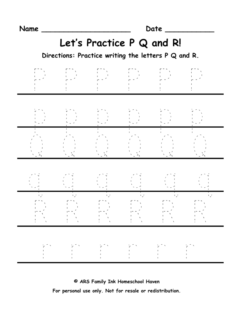 PQR tracing worksheet for preschool uppercase and lowercase letters P Q R handwriting practice printable