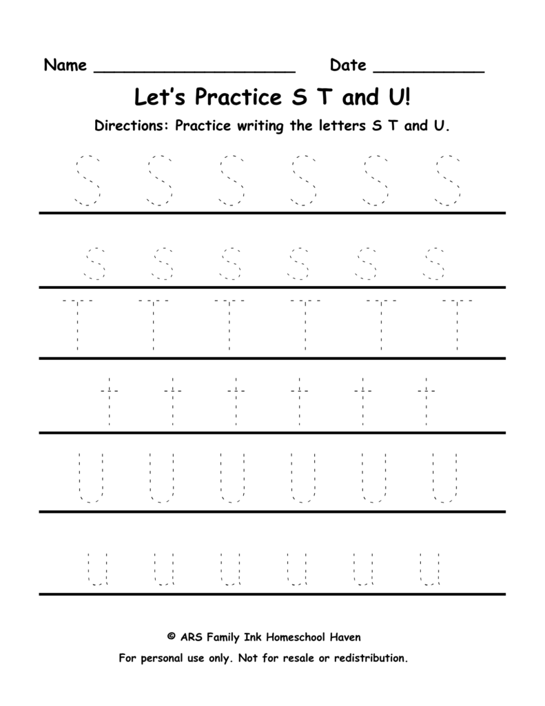 STU tracing worksheet for preschool uppercase and lowercase letters S T U handwriting practice printable