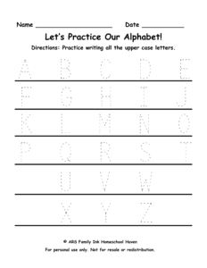 Uppercase alphabet tracing worksheet for preschool and kindergarten students featuring dotted A–Z letters for handwriting and letter formation practice.