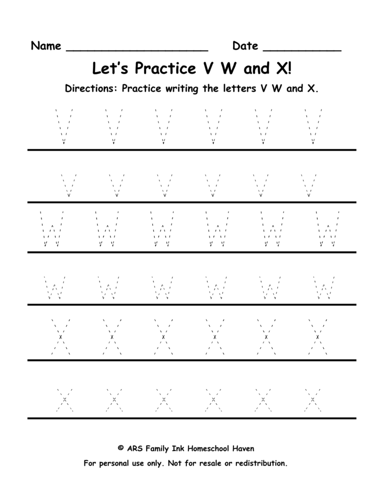 VWX tracing worksheet for preschool uppercase and lowercase letters V W X handwriting practice printable