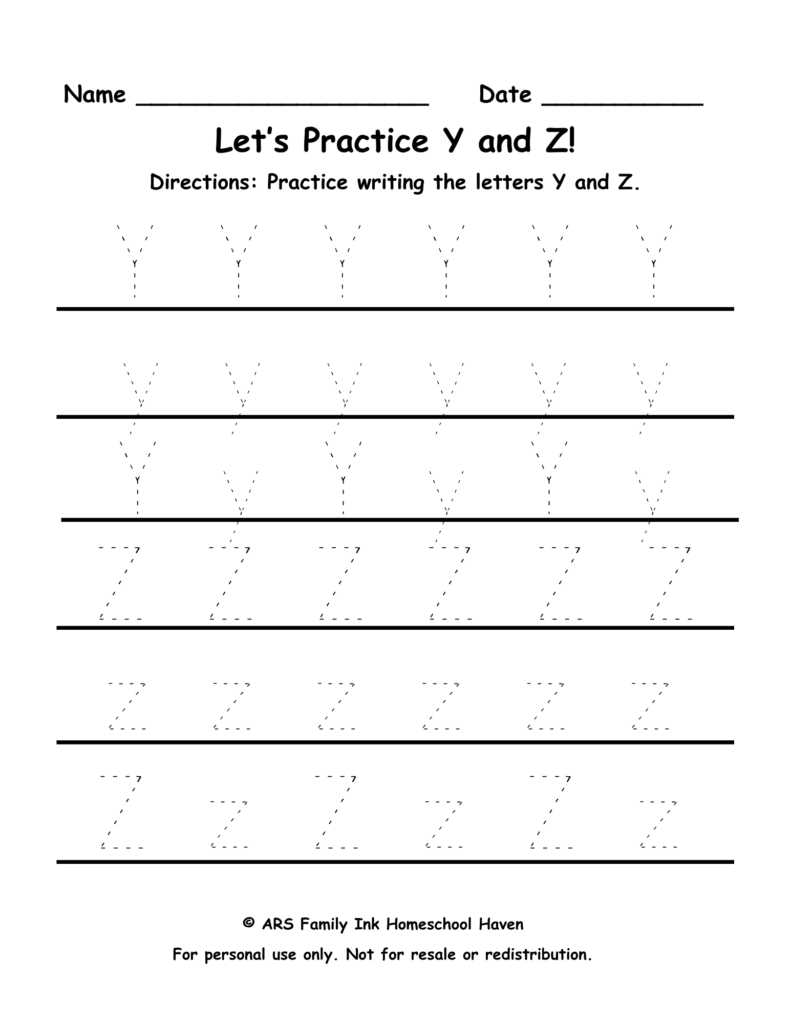 YZ tracing worksheet for preschool uppercase and lowercase letters Y Z handwriting practice printable