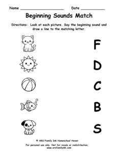 Beginning Sounds Match preschool phonics worksheet where children match pictures to the correct beginning letter sound.