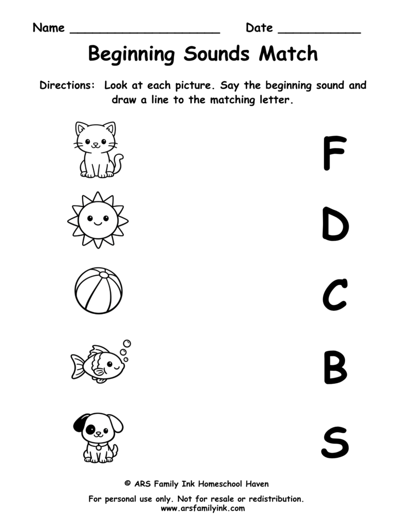 Beginning Sounds Match preschool phonics worksheet where children match pictures to the correct beginning letter sound.