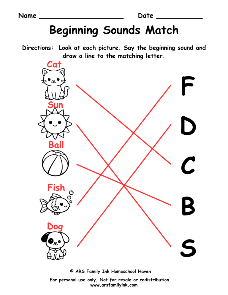 Beginning sounds match answer key for a preschool phonics worksheet showing pictures matched to their correct beginning letters.