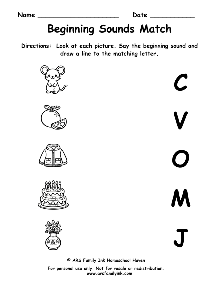 Beginning Sounds Match preschool phonics worksheet where children match pictures of a mouse, orange, jacket, cake, and vase to their beginning letter sounds.