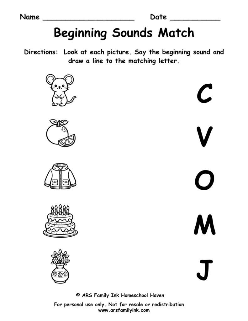 Beginning Sounds Match preschool phonics worksheet where children match pictures of a mouse, orange, jacket, cake, and vase to their beginning letter sounds.