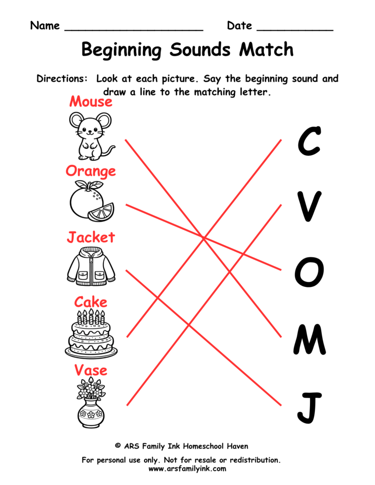Beginning sounds match answer key for a preschool phonics worksheet showing pictures matched to their correct beginning letters.