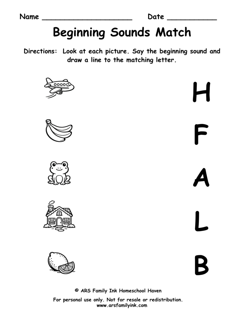 Beginning Sounds Match preschool phonics worksheet where children match pictures of an airplane, banana, frog, house, and lemon to their beginning letter sounds.