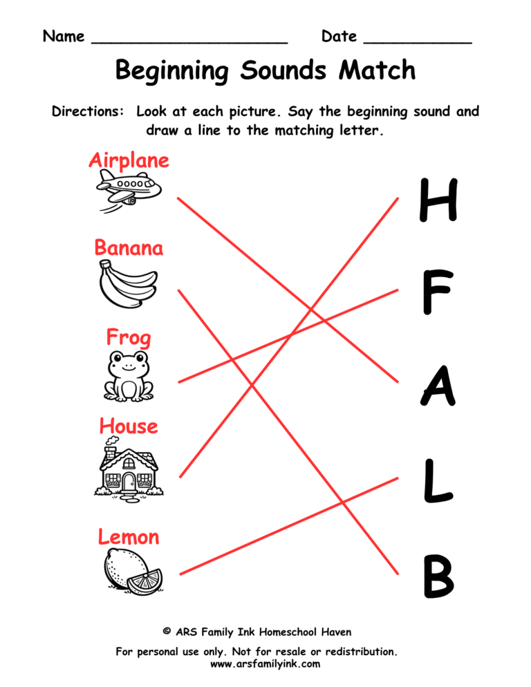 Beginning sounds match answer key for a preschool phonics worksheet showing pictures matched with their correct beginning letters.