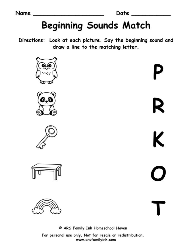 Beginning Sounds Match preschool phonics worksheet where children match pictures of an owl, panda, key, table, and rainbow to their beginning letter sounds.