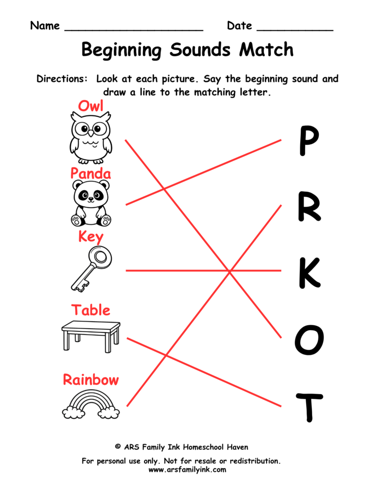 Beginning sounds match answer key for a preschool phonics worksheet showing pictures connected to their correct beginning letters.