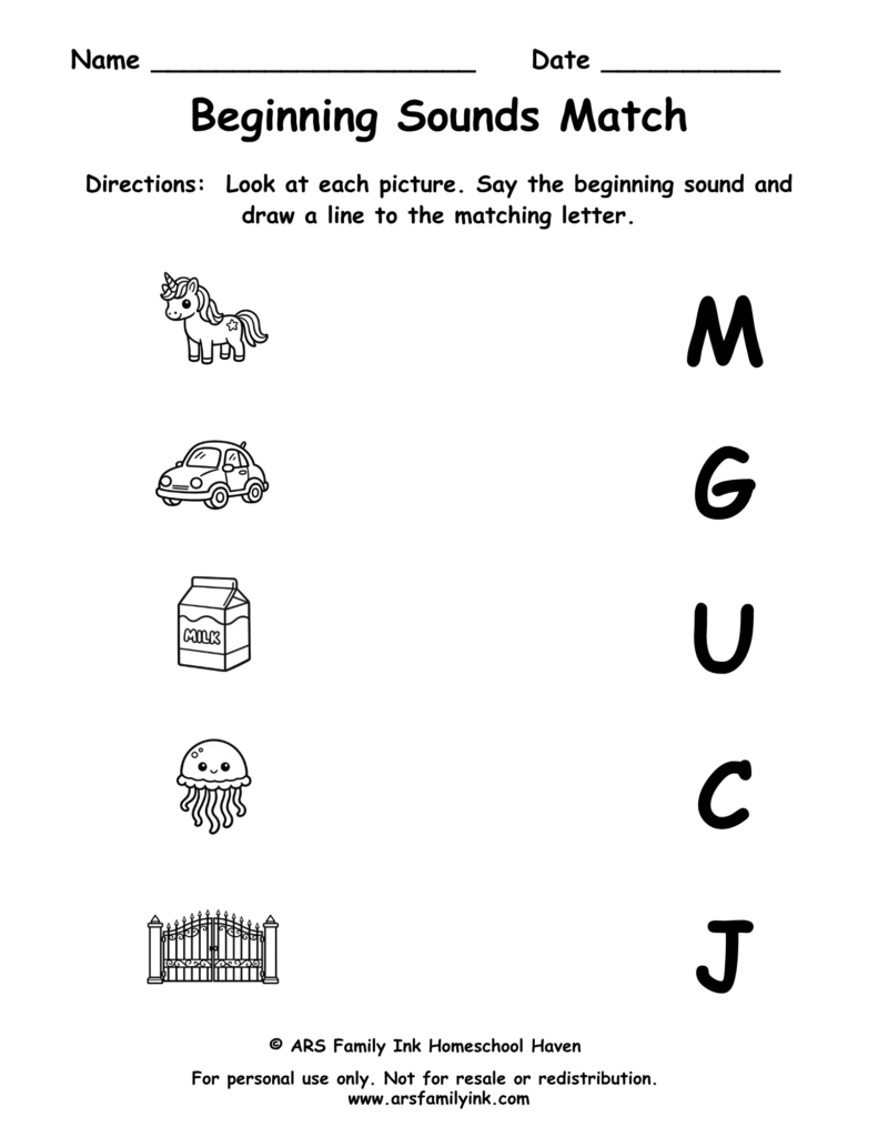 Beginning Sounds Match preschool phonics worksheet where children match pictures of a unicorn, car, milk, jellyfish, and gate to their beginning letter sounds.