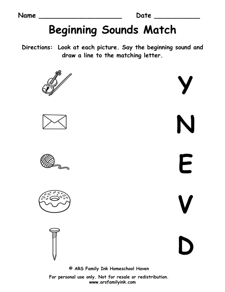 Beginning Sounds Match preschool phonics worksheet where children match pictures of a violin, envelope, yarn, donut, and nail to their beginning letter sounds.