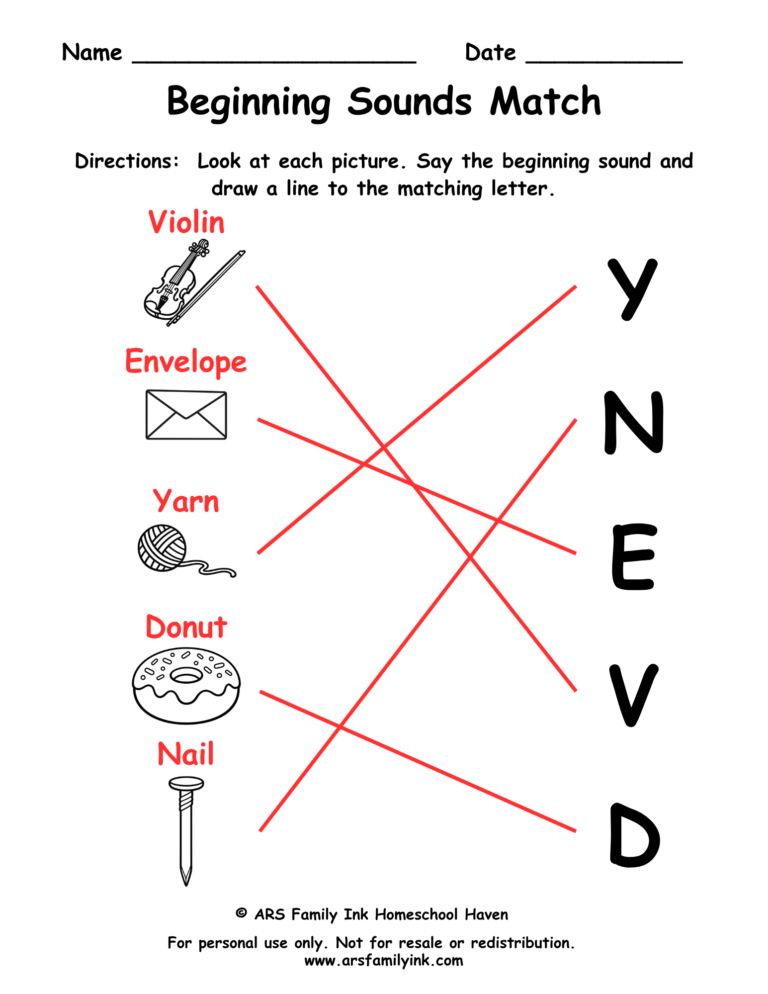 Beginning sounds match answer key for a preschool phonics worksheet showing pictures matched with their correct beginning letter sounds.