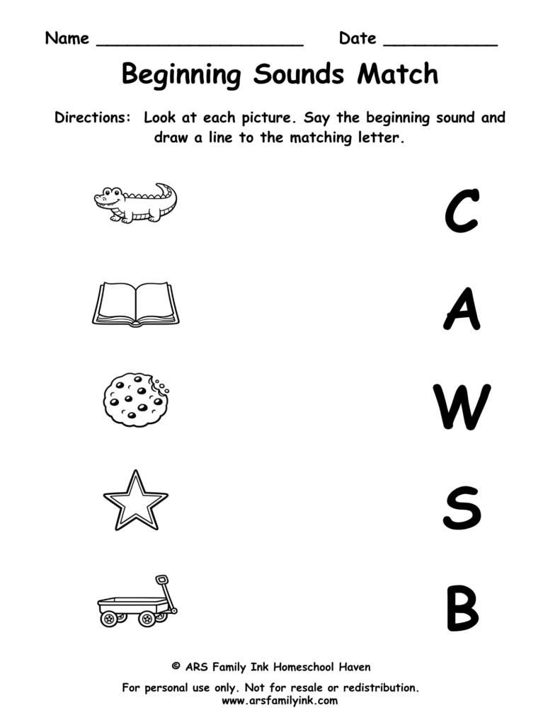 Beginning Sounds Match preschool phonics worksheet where children match pictures of an alligator, book, cookie, star, and wagon to their beginning letter sounds.