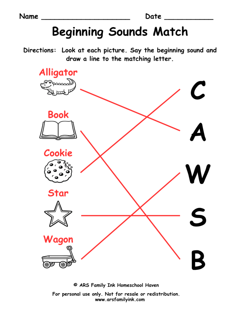 Beginning sounds match answer key for a preschool phonics worksheet showing pictures matched to their correct beginning letters.