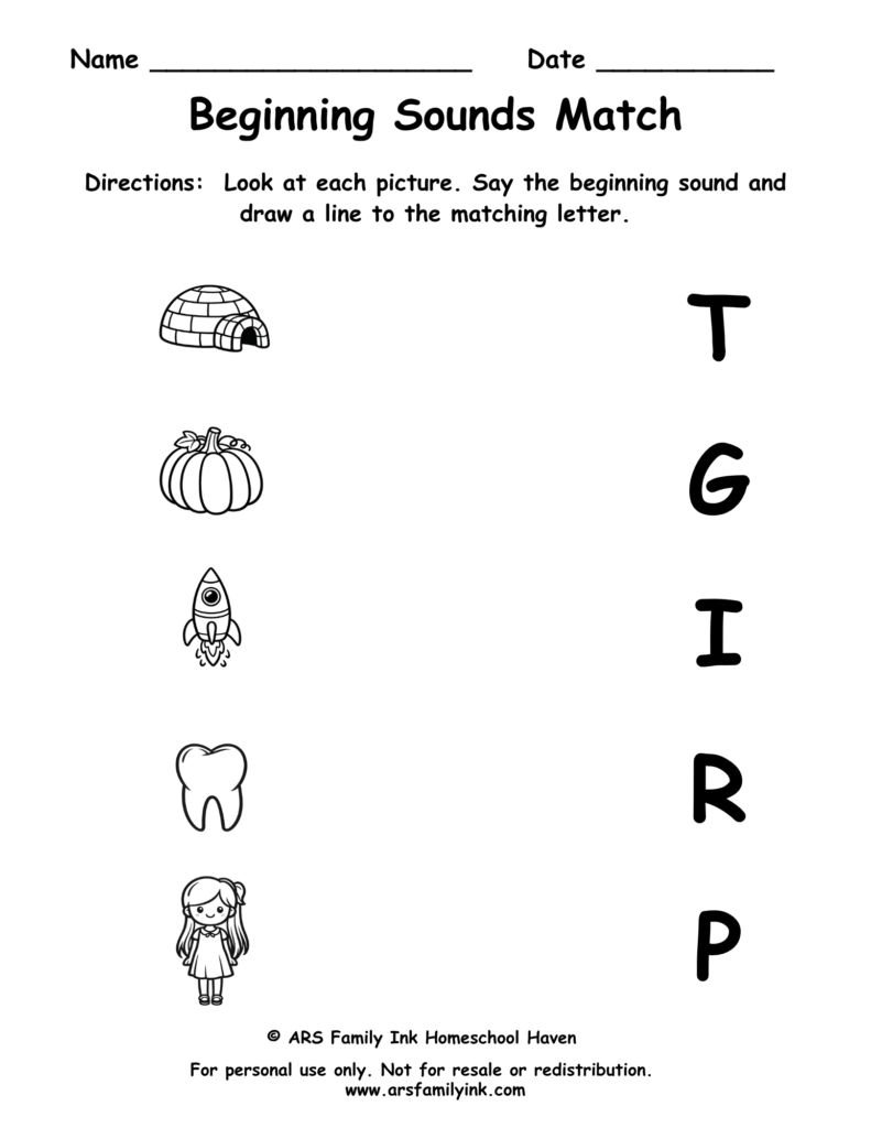 Beginning Sounds Match preschool phonics worksheet where children match pictures of an igloo, pumpkin, rocket, tooth, and girl to their beginning letter sounds.