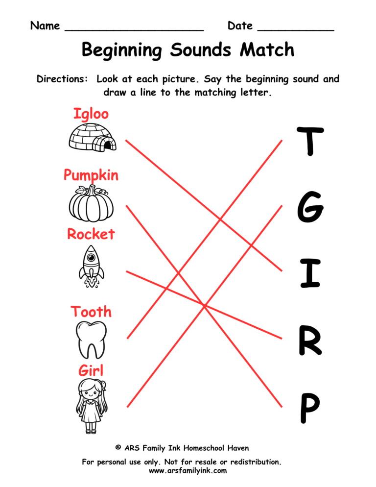 Beginning sounds match answer key for a preschool phonics worksheet showing pictures connected with their correct beginning letters.