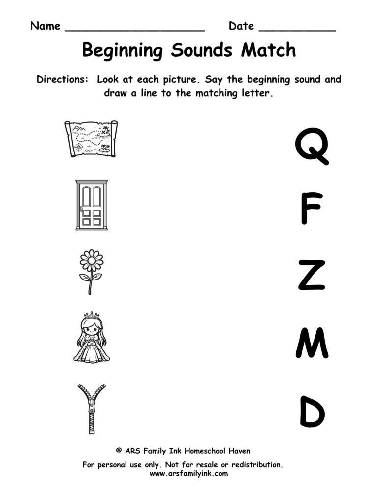 Beginning Sounds Match preschool phonics worksheet where children match pictures of a map, door, flower, queen, and zipper to their beginning letter sounds.