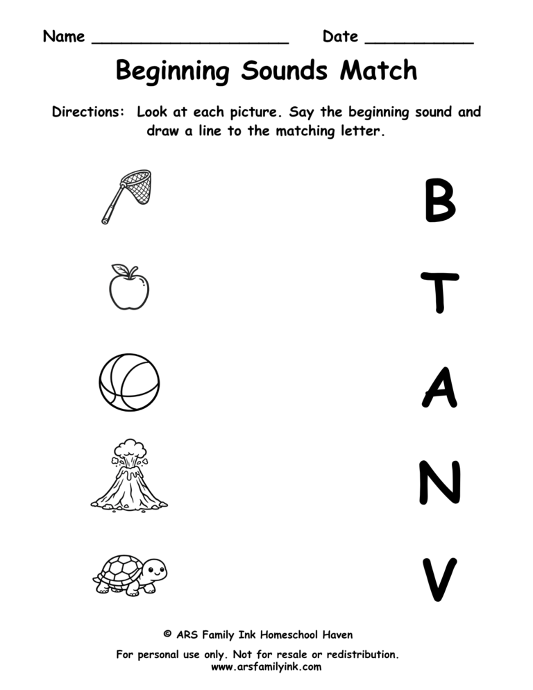Beginning Sounds Match preschool phonics worksheet where children match pictures of a net, apple, ball, volcano, and turtle to their beginning letter sounds.