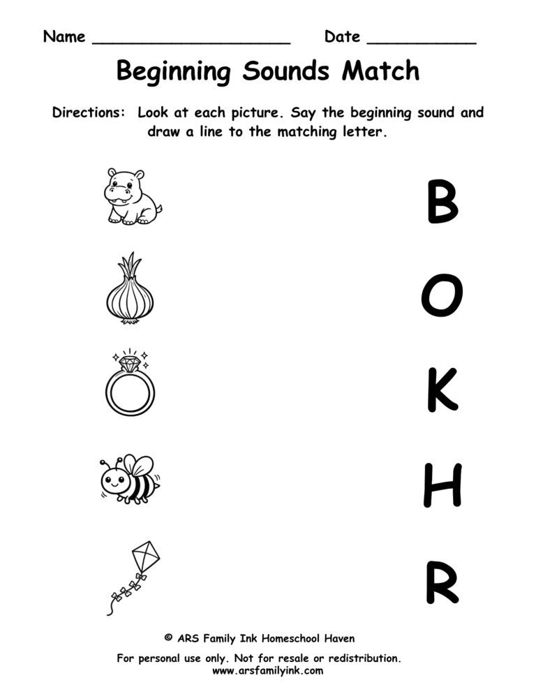 Beginning Sounds Match preschool phonics worksheet where children match pictures of a hippo, onion, ring, bee, and kite to their beginning letter sounds.
