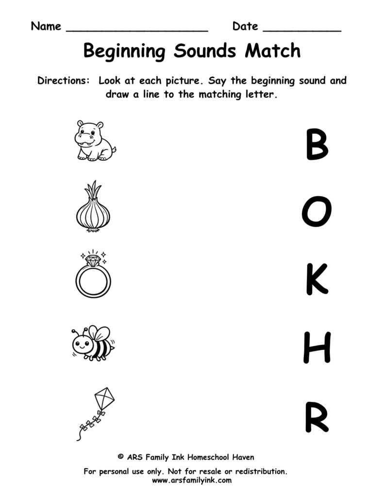 Beginning Sounds Match preschool phonics worksheet where children match pictures of a hippo, onion, ring, bee, and kite to their beginning letter sounds.