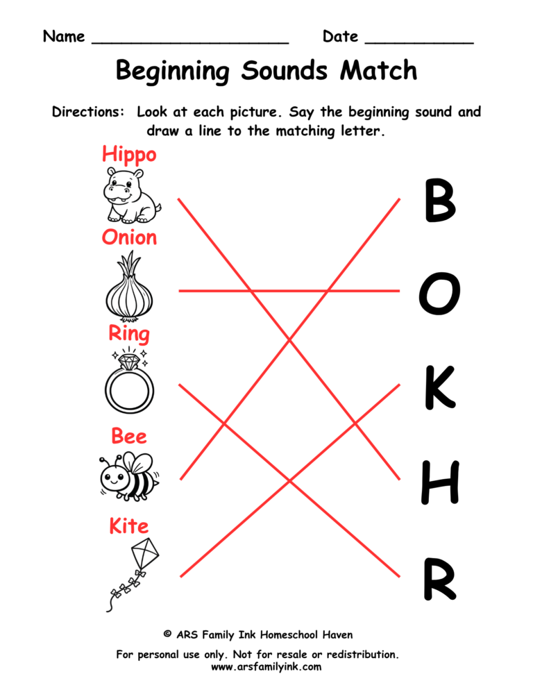 Beginning sounds match answer key for a preschool phonics worksheet showing pictures matched to the correct beginning letter sounds.