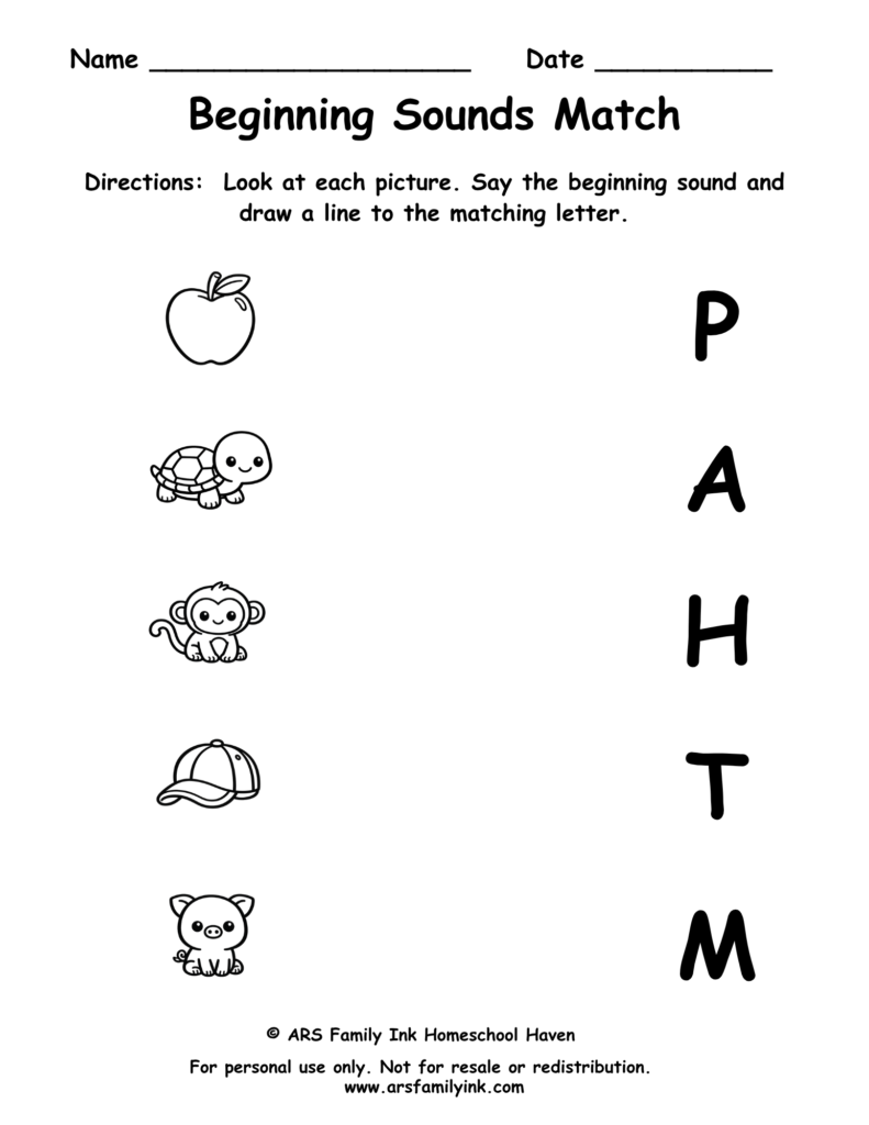 Beginning Sounds Match preschool worksheet where children identify pictures and draw lines to match each picture with the correct beginning letter sound.