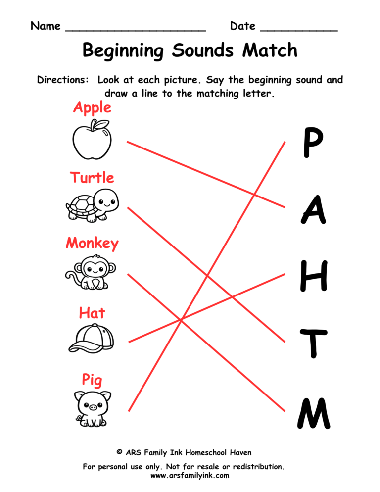 Beginning sounds match answer key for a preschool phonics worksheet showing pictures matched with the correct beginning letter sounds.
