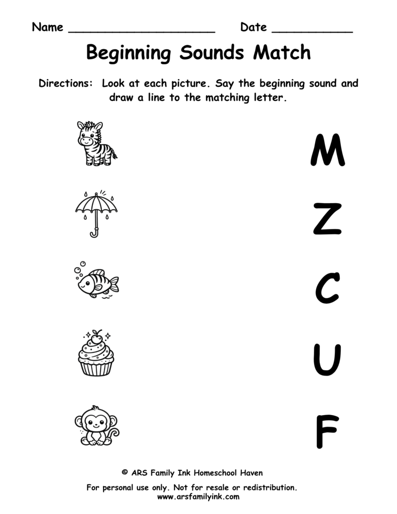Beginning Sounds Match preschool phonics worksheet where children match pictures of a zebra, umbrella, fish, cupcake, and monkey to their beginning letter sounds.