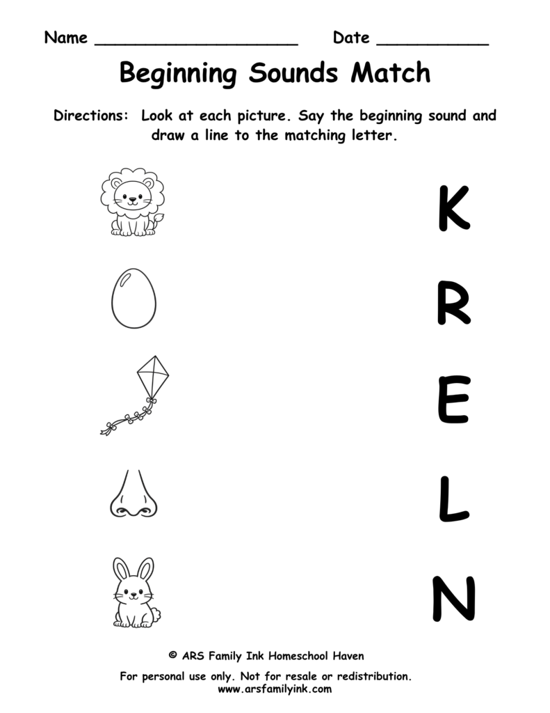 Beginning Sounds Match preschool phonics worksheet where children match pictures of a lion, egg, kite, nose, and rabbit to their beginning letter sounds.