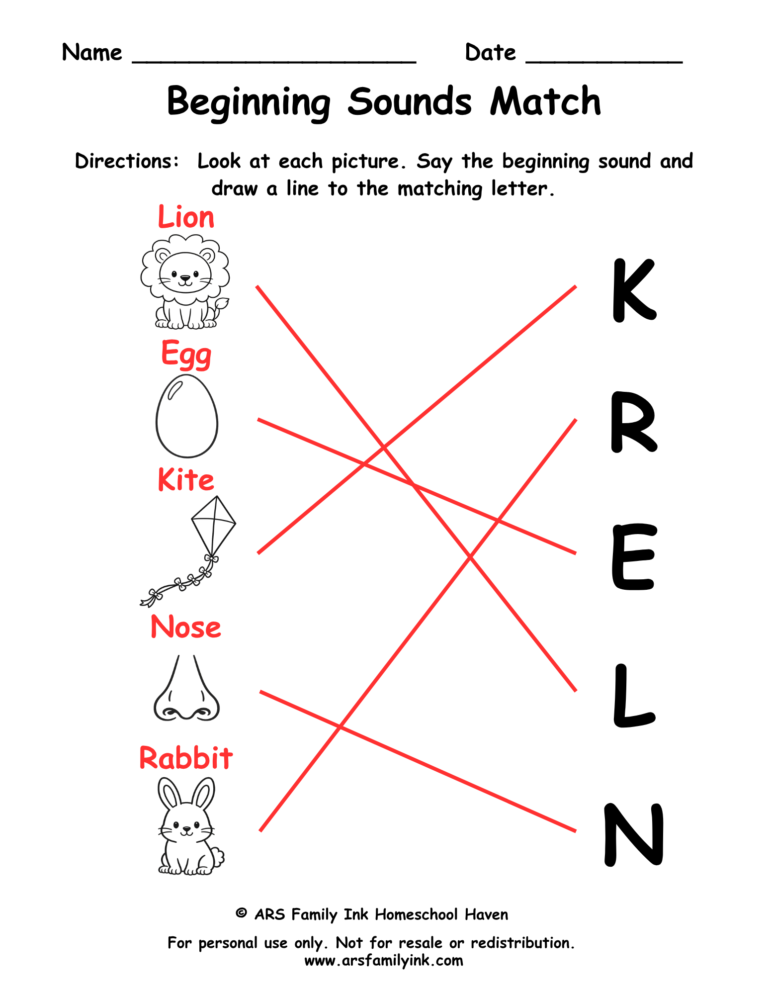 Beginning sounds match answer key for a preschool phonics worksheet showing picture words matched to their correct beginning letters.