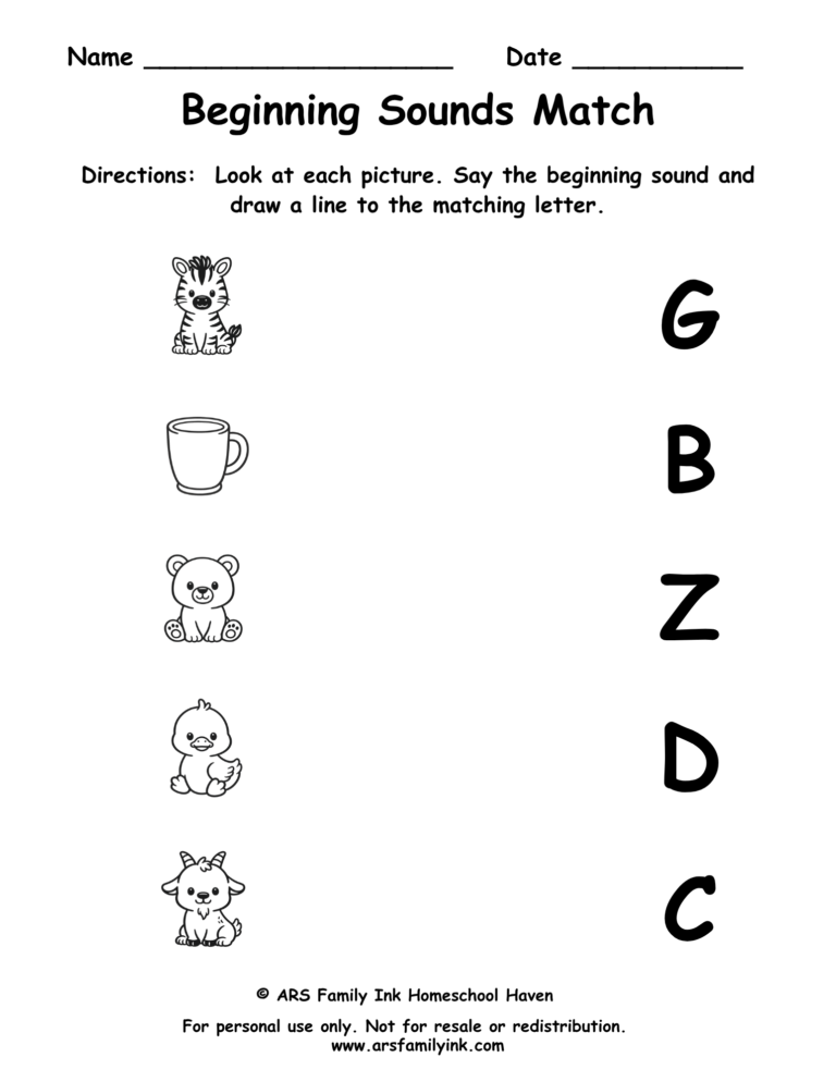 Beginning Sounds Match preschool phonics worksheet where children match pictures of a zebra, cup, bear, duck, and goat to their beginning letter sounds.