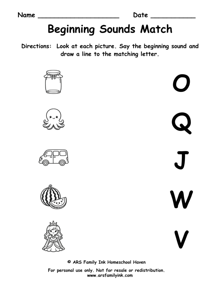 Beginning Sounds Match preschool phonics worksheet where children match pictures of a jar, octopus, van, watermelon, and queen to their beginning letter sounds.