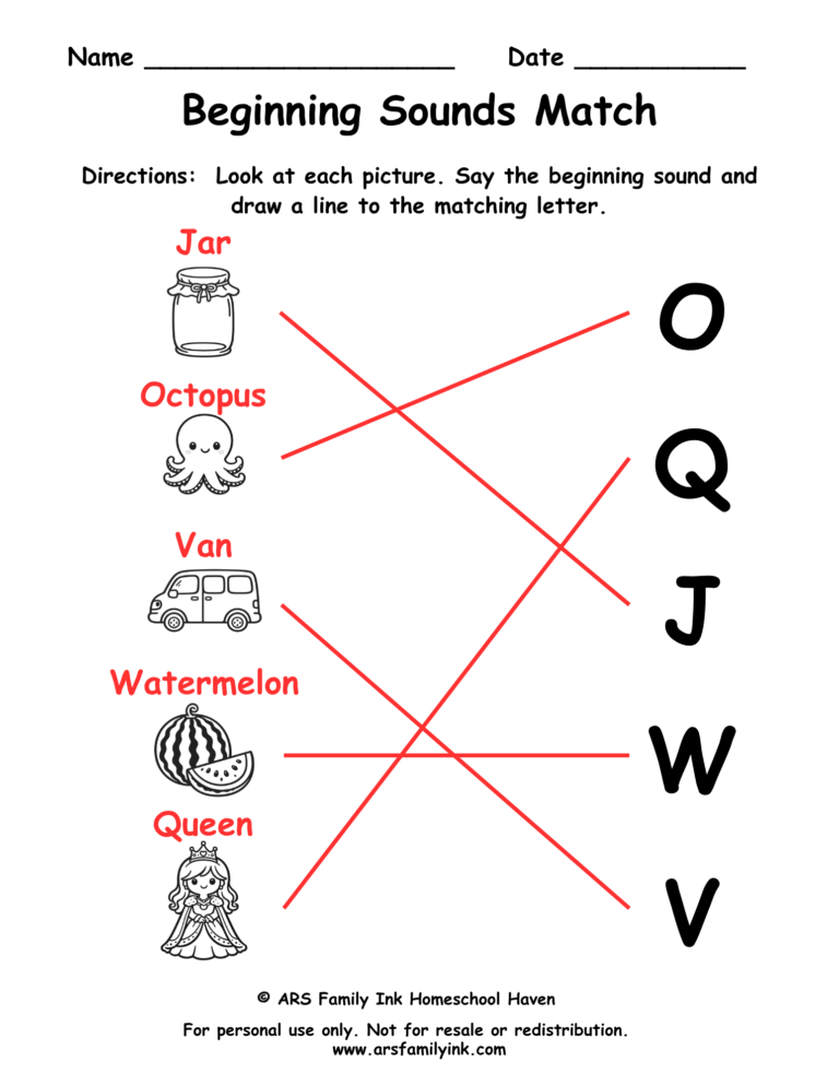 Beginning sounds match answer key for a preschool phonics worksheet showing pictures connected to their matching beginning letters.