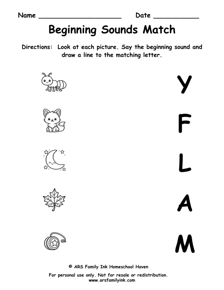Beginning Sounds Match preschool phonics worksheet where children match pictures of an ant, fox, moon, leaf, and yo-yo to their beginning letter sounds.