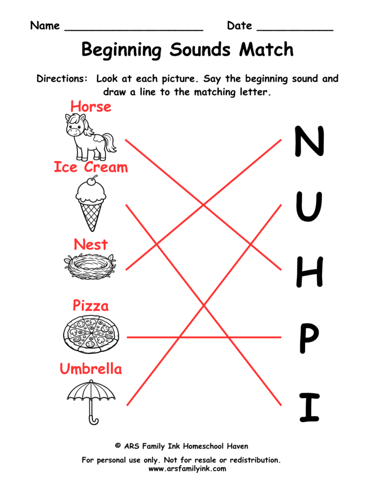 Beginning sounds match answer key for a preschool phonics worksheet showing pictures connected to the correct beginning letters.